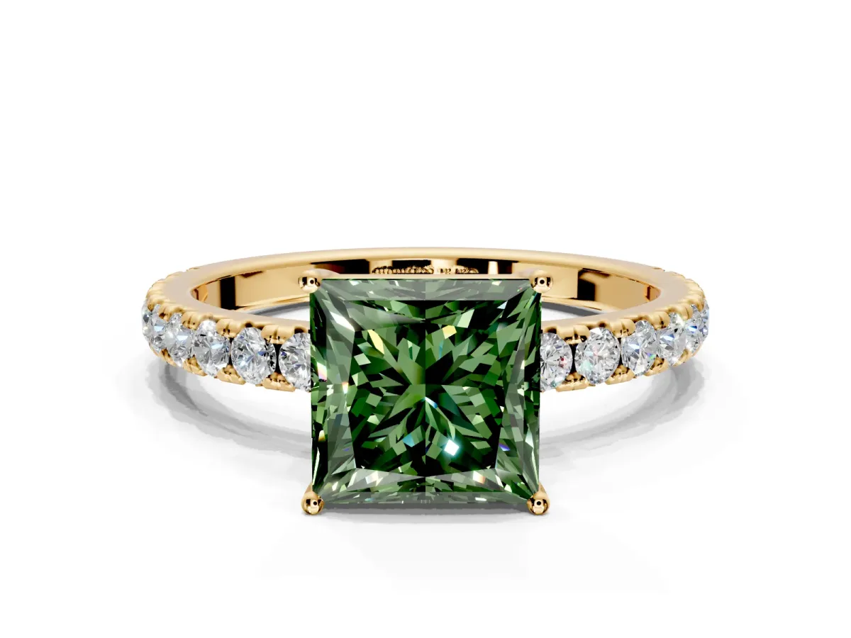 Solitaire Engagement Ring Setting for Fancy Green Princess Cut Center with Large Accent Band and Prong Head in Yellow Gold