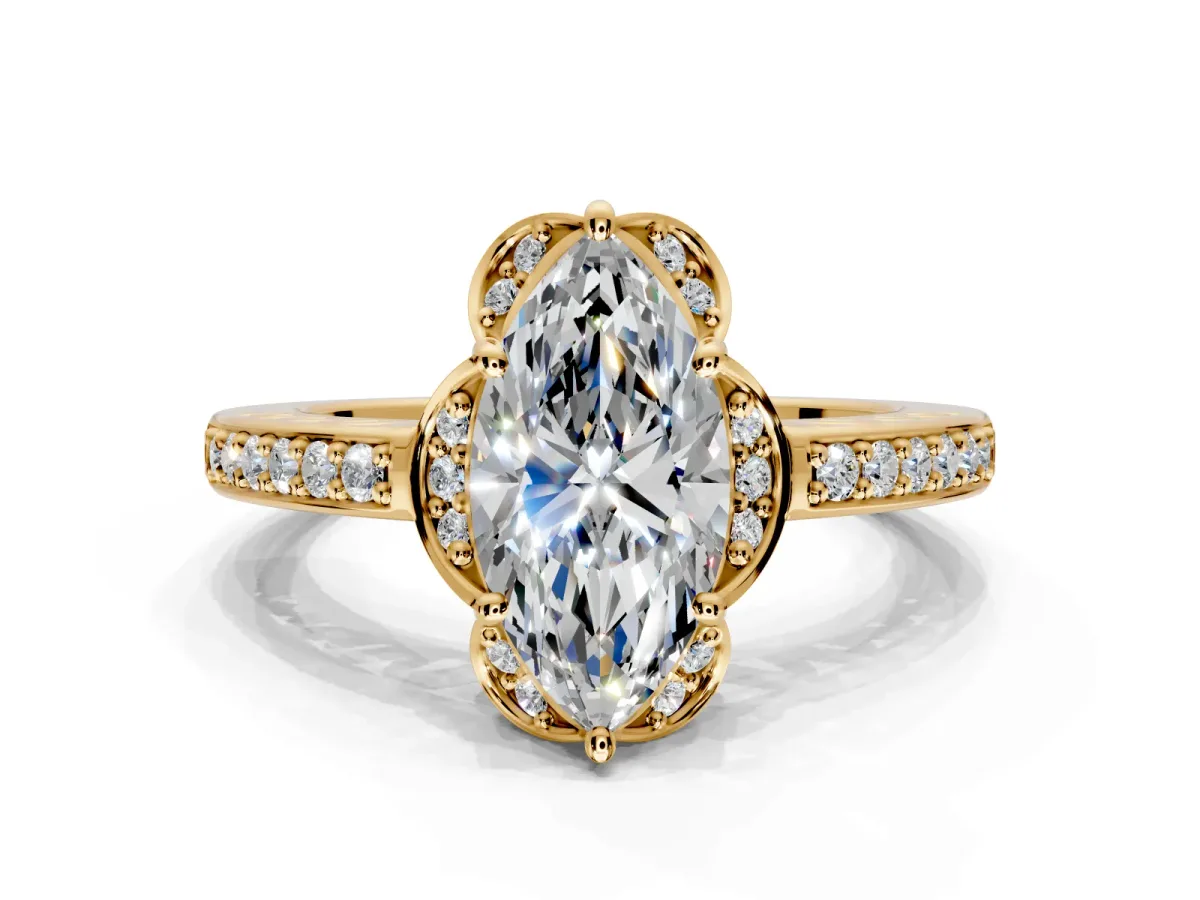 Floral Engagement Ring Setting for Marquise Center with Four Accent Clusters and Prong Head in Yellow Gold