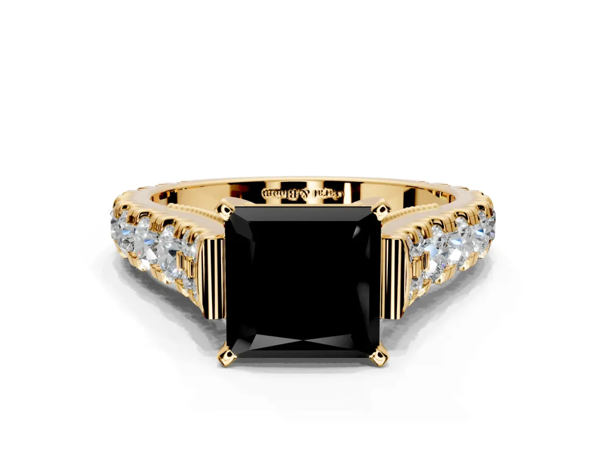 Solitaire Engagement Ring Setting for Fancy Black Princess Cut Center with Pave Cathedral Shoulders and Prong Head in Yellow Gold