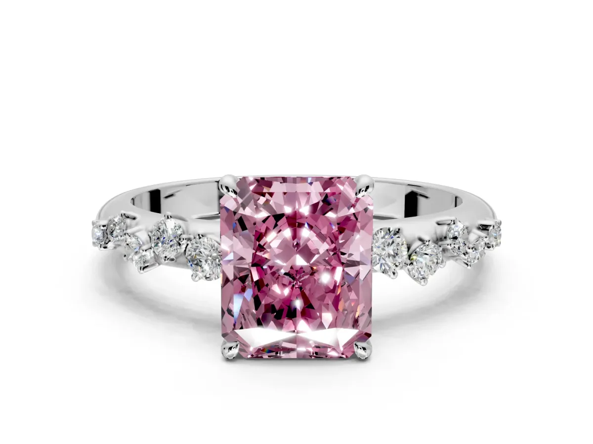 Cluster Engagement Ring Setting for Fancy Pink Radiant Cut Center with Round Cut Accent Band and Prong Head in Sterling Silver