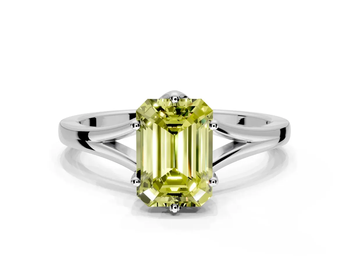 Solitaire Engagement Ring Setting for Fancy Yellow Emerald Cut Center with Plain Split Shank and Prong Head in Platinum