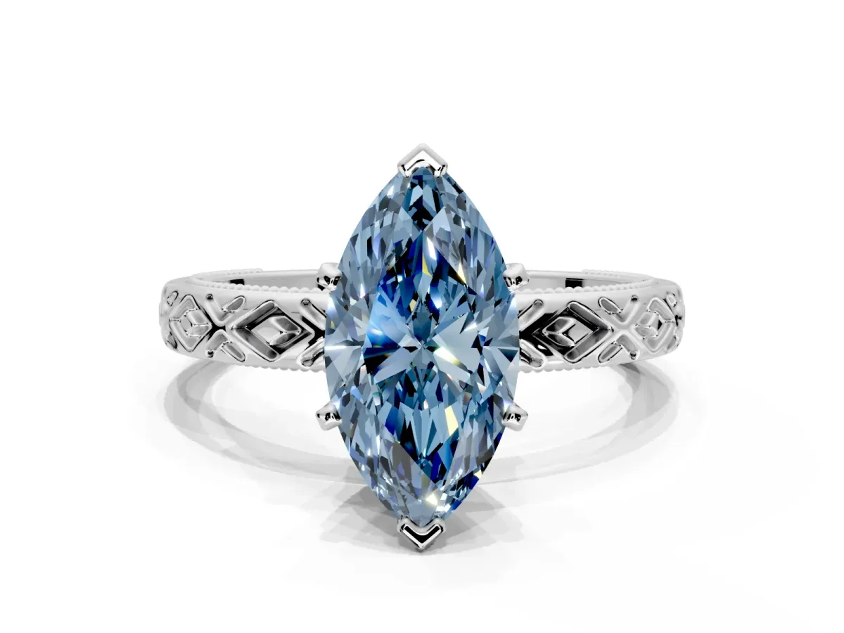 Solitaire Engagement Ring Setting for Fancy Blue Marquise Center with Milgrain X Pattern Band and Prong Head in Sterling Silver