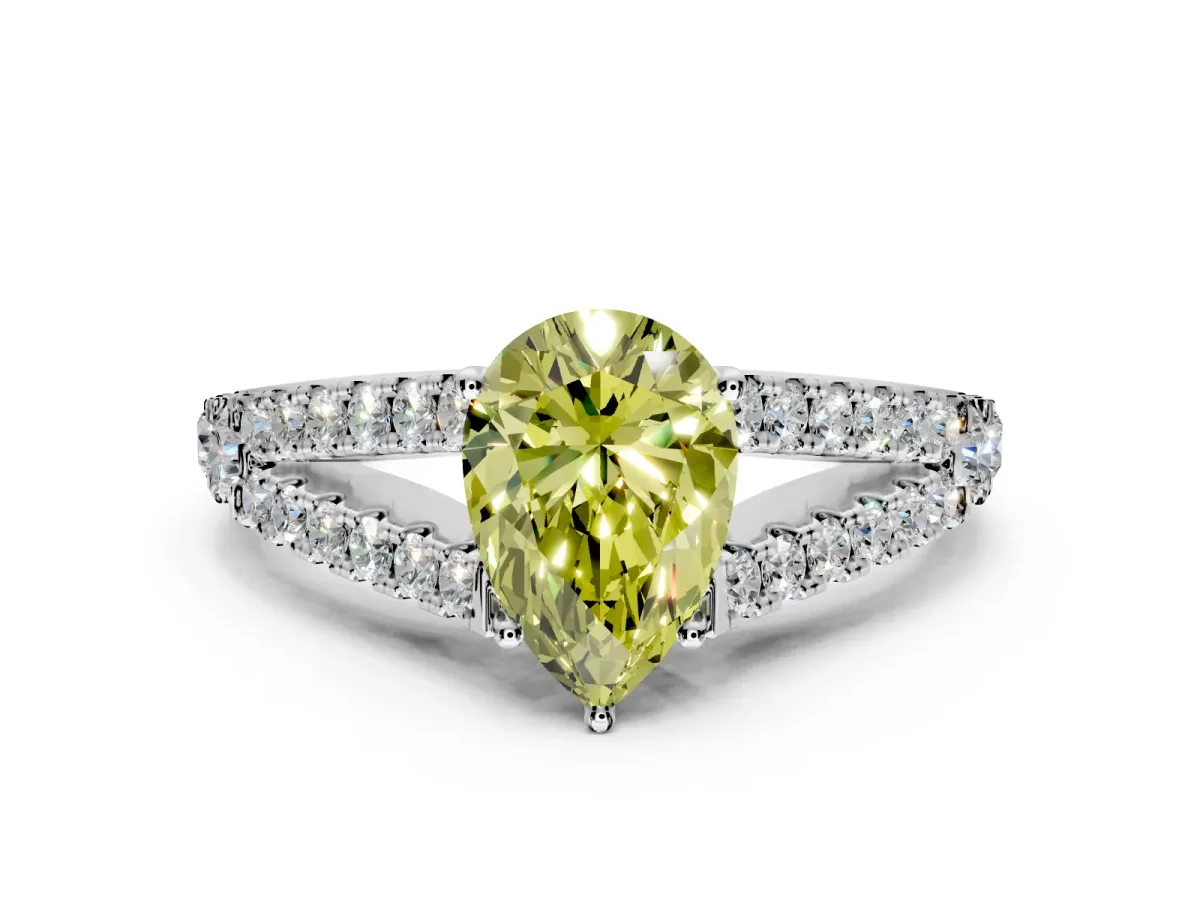 Solitaire Engagement Ring Setting for Fancy Yellow Pear-Shaped Center with Pave Split Shank and Prong Head in White Gold