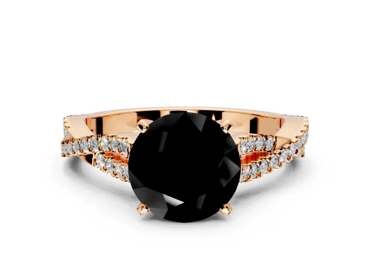 Solitaire Engagement Ring Setting for Fancy Black Round Cut Center with Twisted Pave Split Shank and Prong Head in Rose Gold