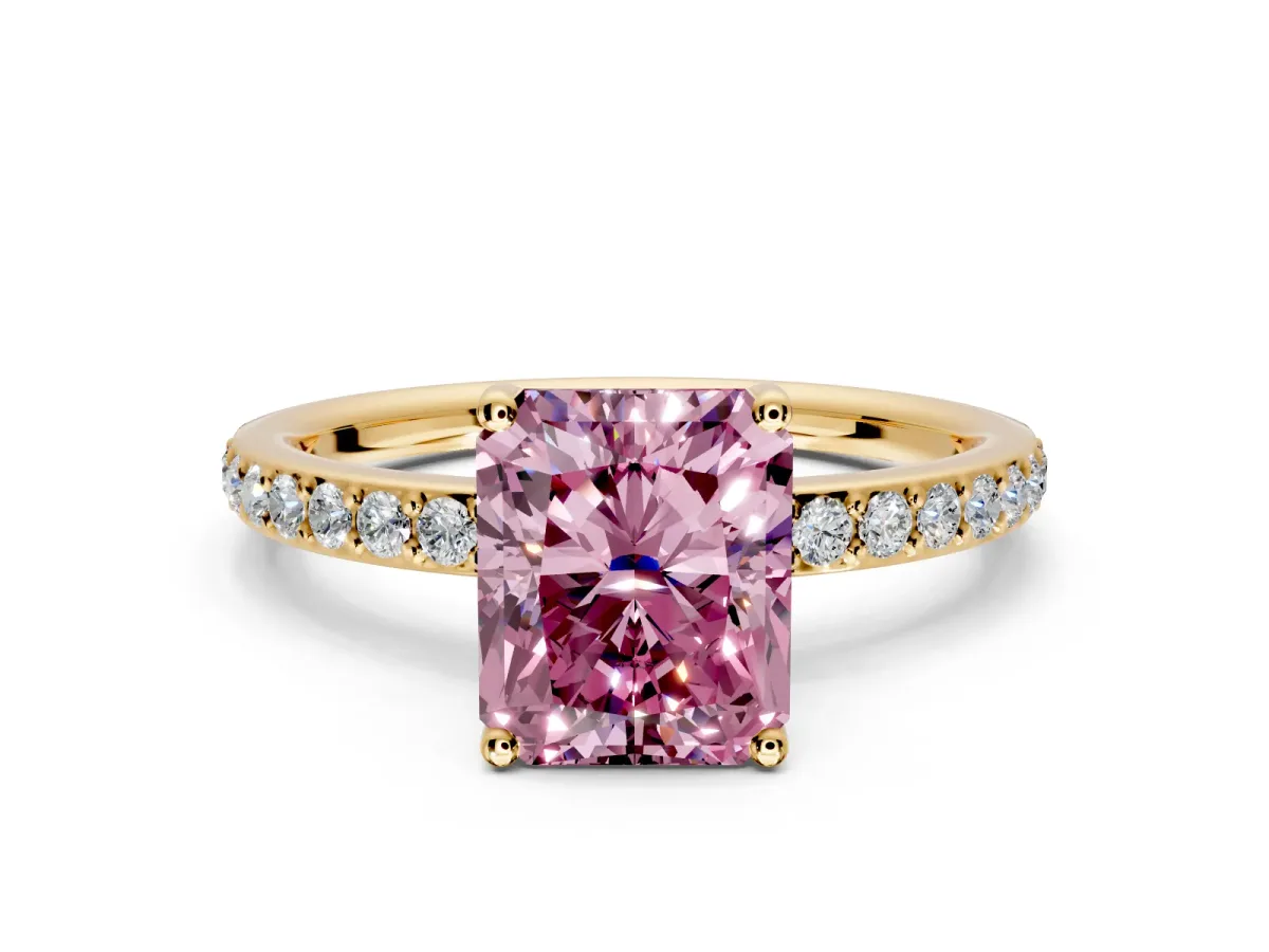 Solitaire Engagement Ring Setting for Fancy Pink Radiant Cut Center with Fine Pave Band and Prong Head in Yellow Gold