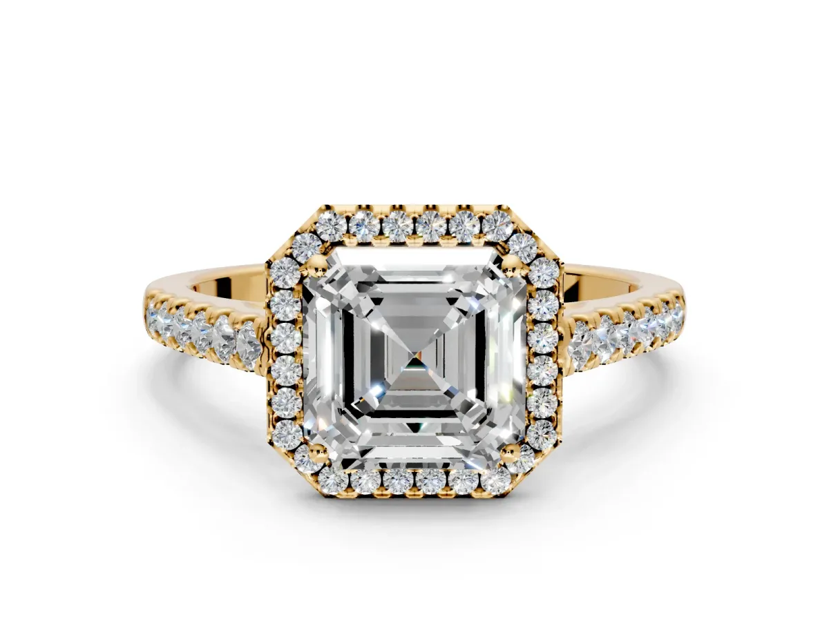 Halo Engagement Ring Setting for Asscher Cut Center with Narrowing Pave Band and Prong Head in Yellow Gold