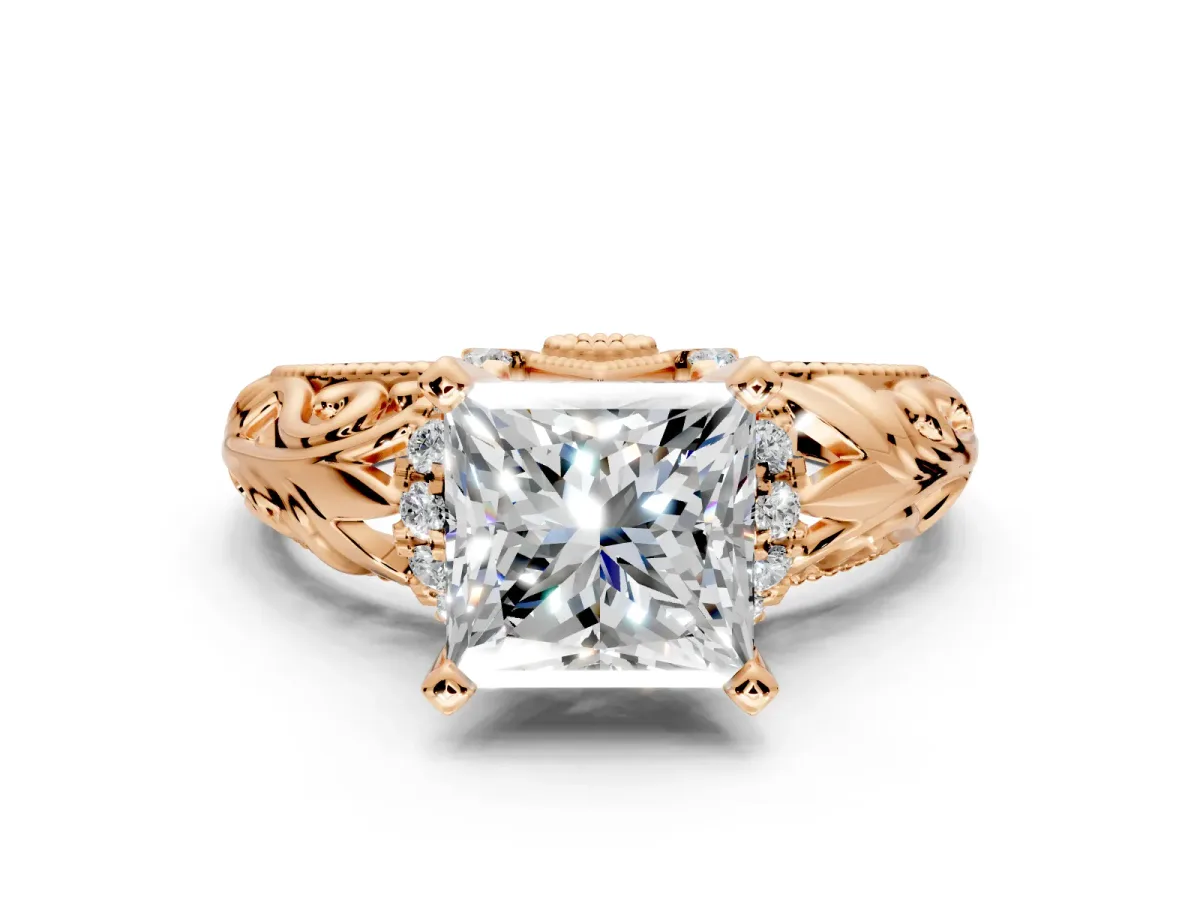 Solitaire Engagement Ring Setting for Princess Cut Center with Filigree Accent Basket and Prong Head in Rose Gold