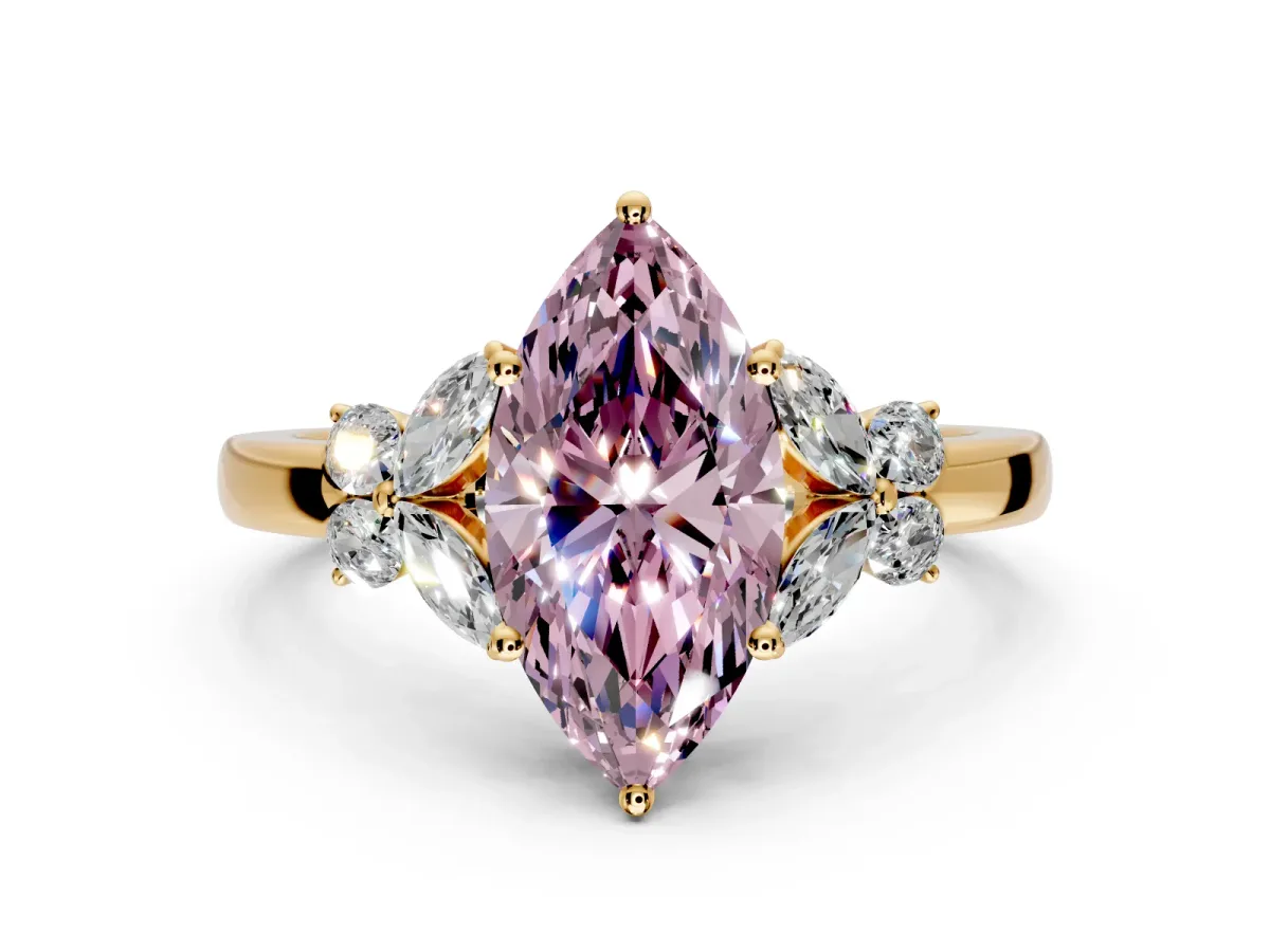 Solitaire Engagement Ring Setting for Fancy Pink Marquise Center with Marquise Flower Shoulders and Prong Head in Yellow Gold