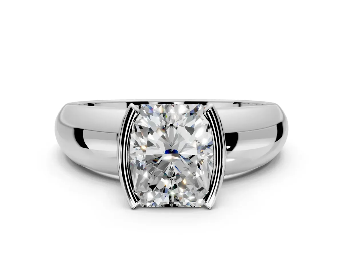 Tension Engagement Ring Setting for Radiant Cut Center with Wide Flat Band and Tension Head in Platinum