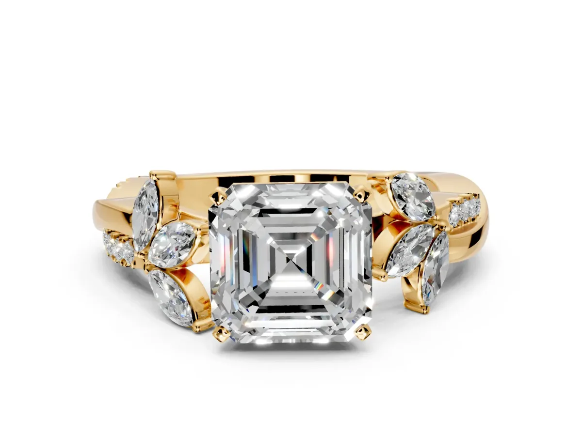 Floral Engagement Ring Setting for Asscher Cut Center with Trailing Marquise Accents and Prong Head in Yellow Gold