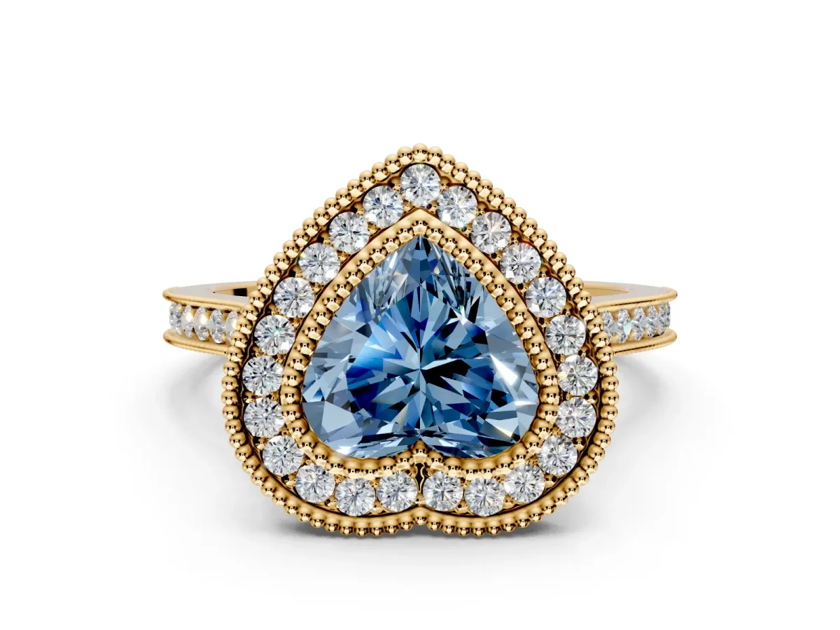Halo Engagement Ring Setting for Fancy Blue Heart-Shaped Center with Milgrain Frame, Pave Band and Prong Head in Yellow Gold