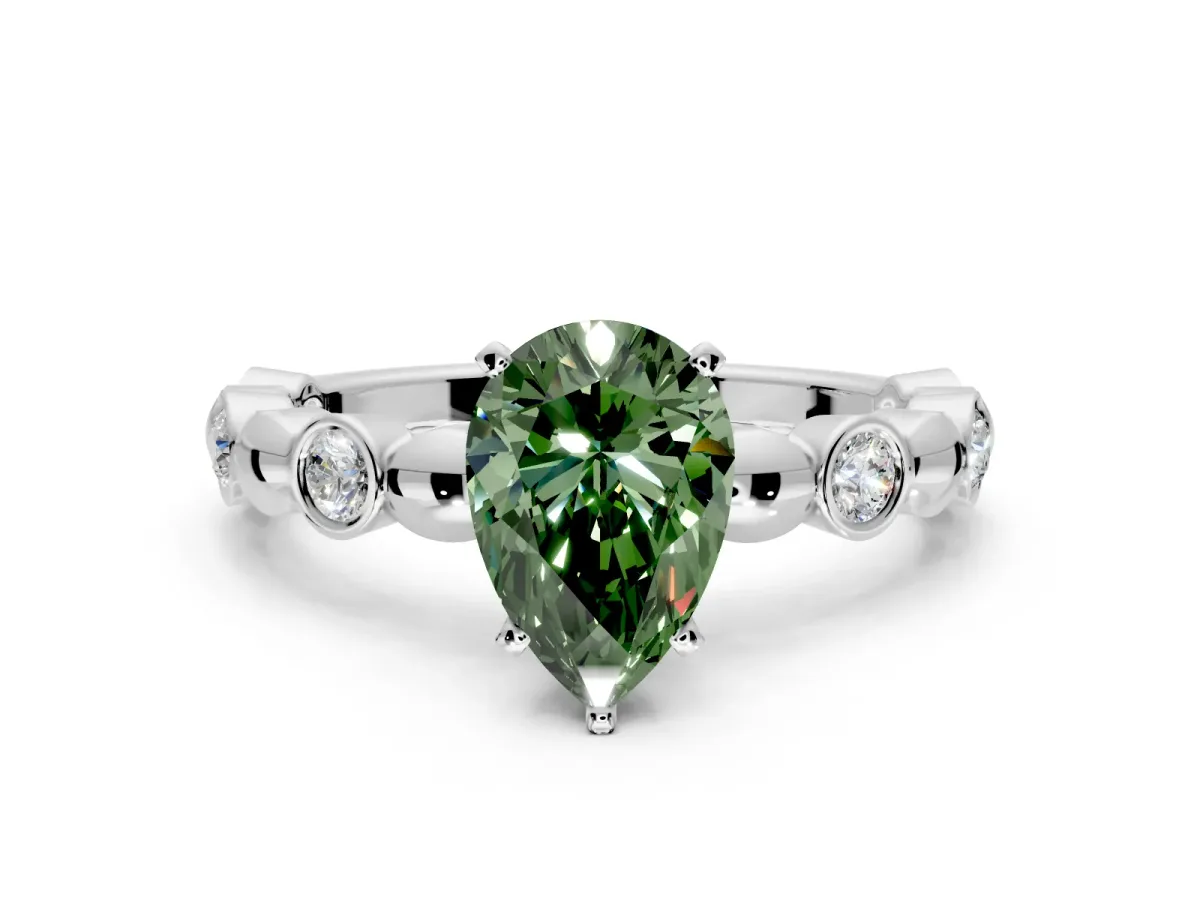 Solitaire Engagement Ring Setting for Fancy Green Pear-Shaped Center with Beaded Bezel Station Band and Prong Head in Platinum