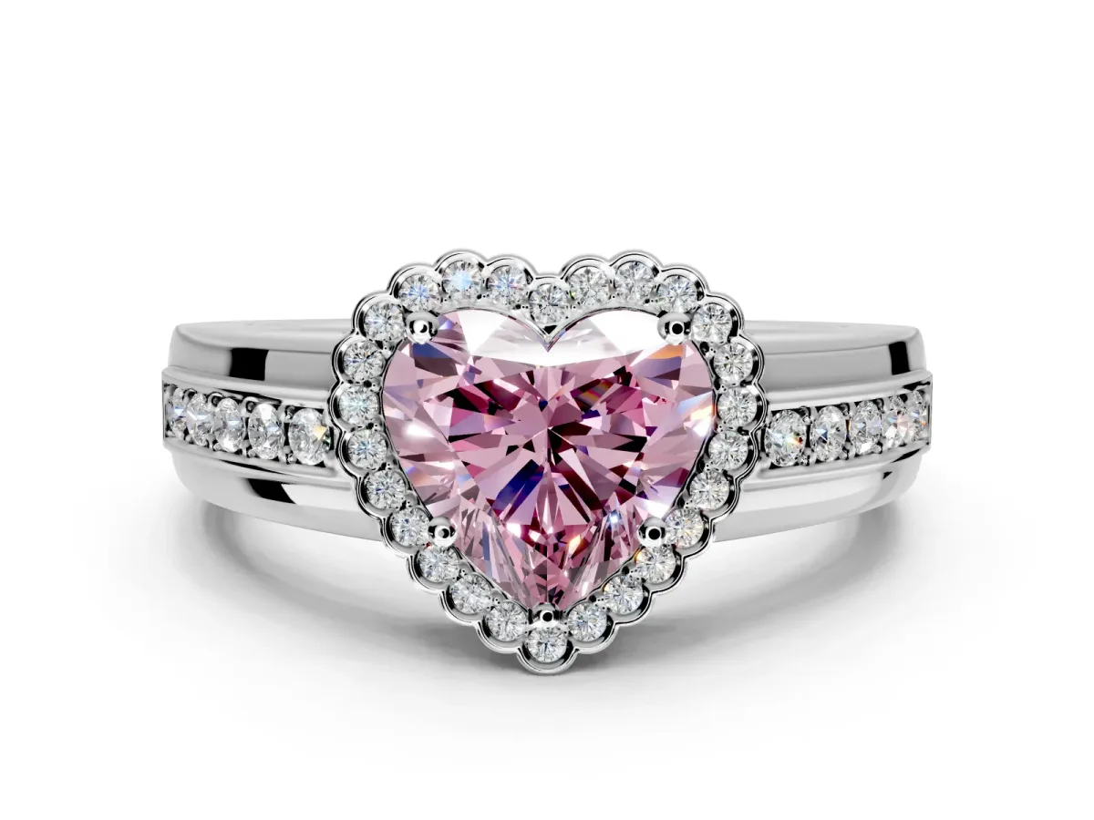 Halo Engagement Ring Setting for Fancy Pink Heart-Shaped Center with Wide Band, Inlaid Accent Row and Prong Head in Sterling Silver