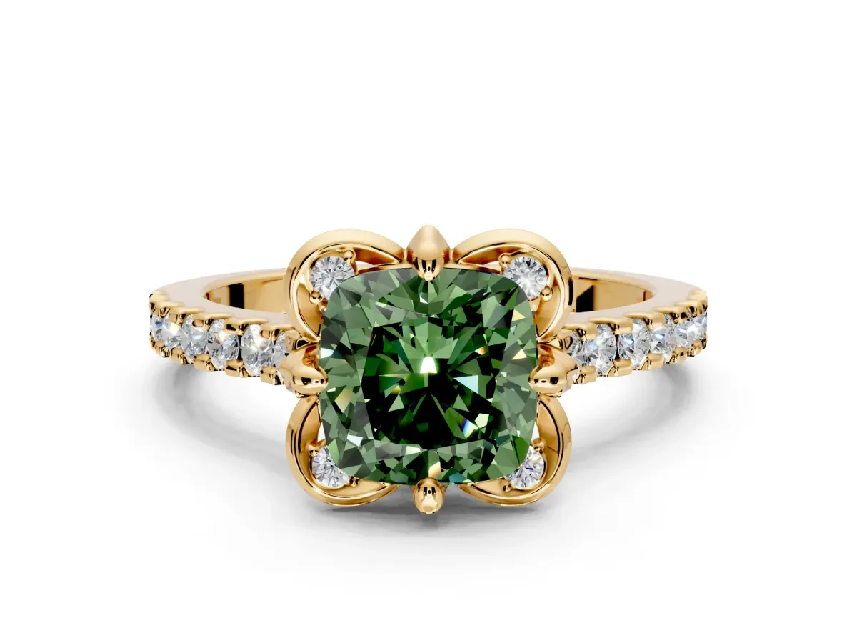 Floral Engagement Ring Setting for Fancy Green Cushion Cut Center with Pave Band and Floral Prong Head in Yellow Gold