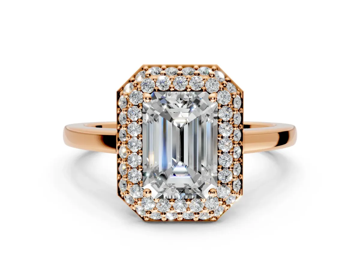 Halo Engagement Ring Setting for Emerald Cut Center with Plain Tapered Band and Prong Head in Rose Gold