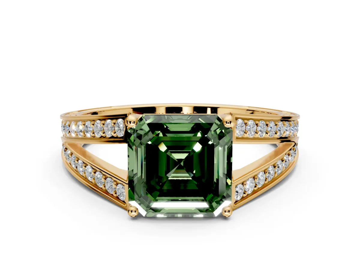 Split Shank Engagement Ring Setting for Fancy Green Asscher Cut Center with Pave Split Shank and Prong Head in Yellow Gold