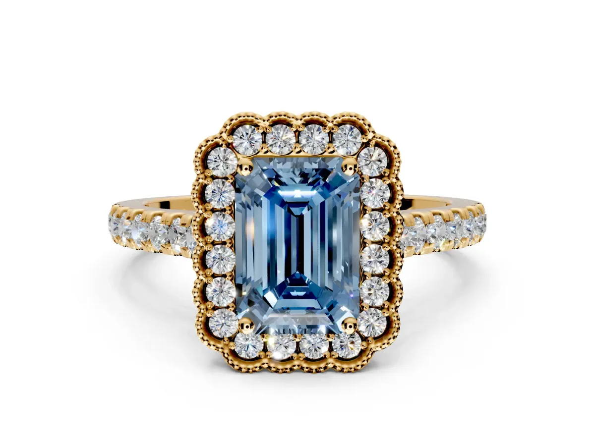 Milgrain Floral Halo Engagement Ring Setting for Fancy Blue Emerald Cut Center with Pave Band and Prong Head in Yellow Gold