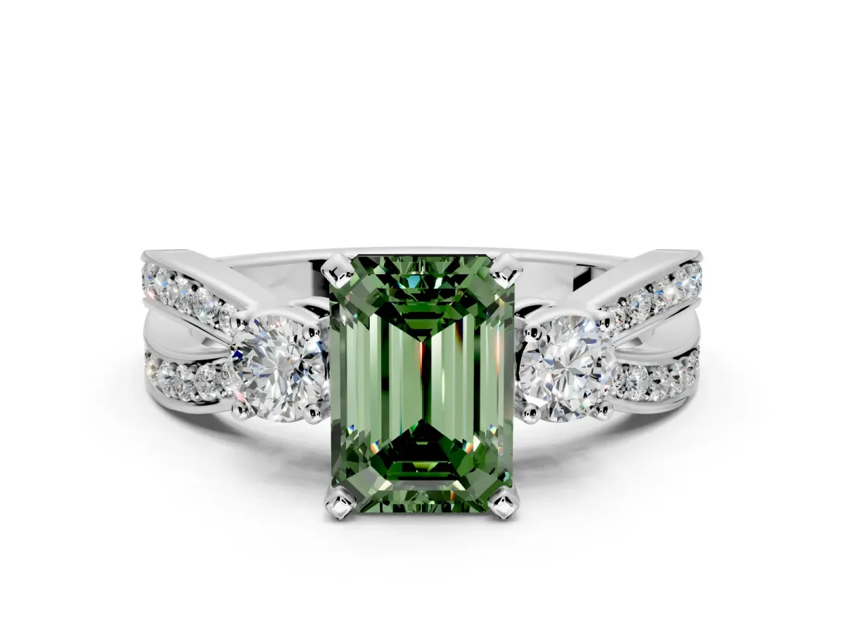 3 Stone Engagement Ring Setting for Fancy Green Emerald Cut Center with Pave Twist Band and Prong Head in Platinum