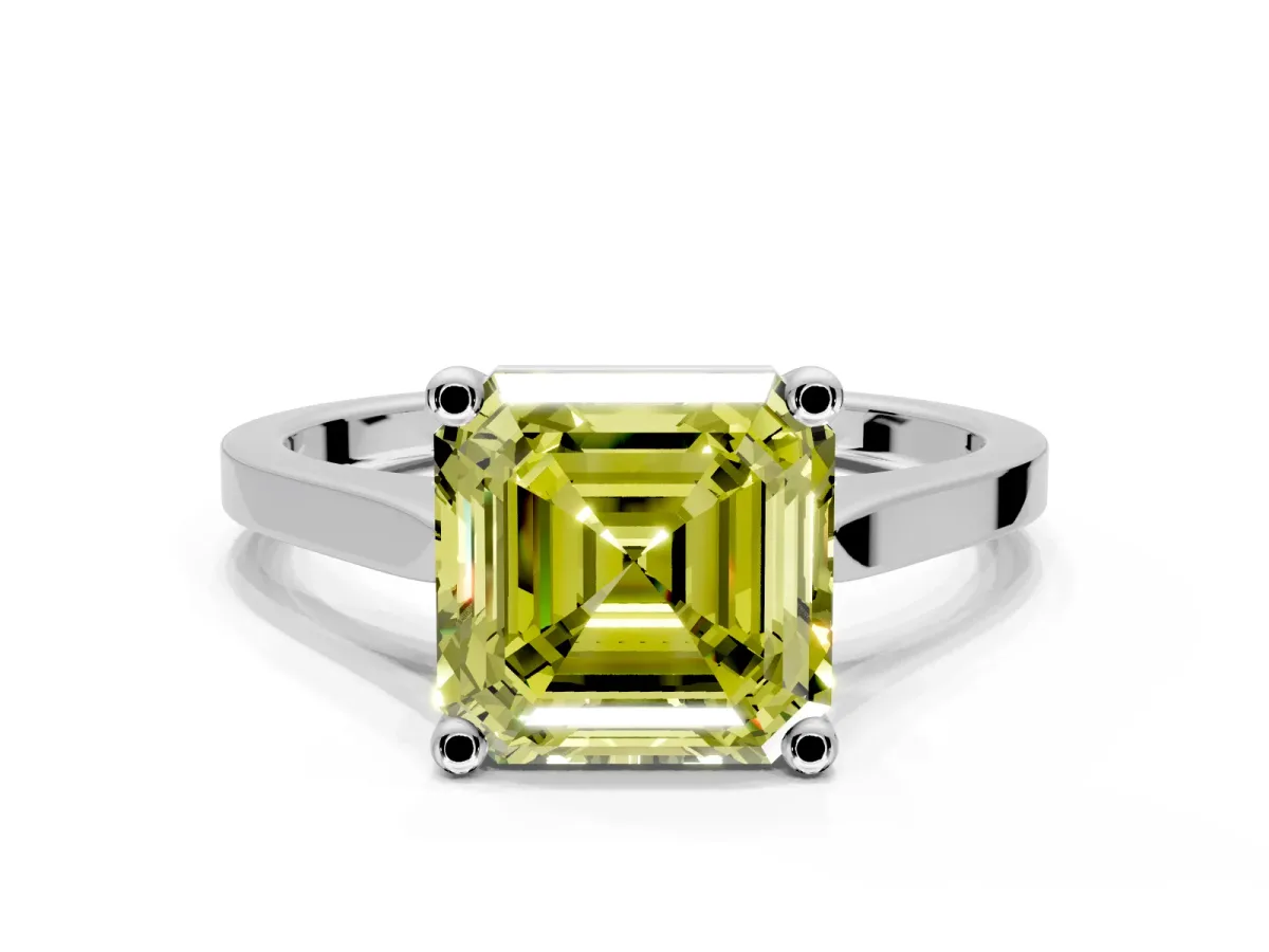 Solitaire Engagement Ring Setting for Fancy Yellow Asscher Cut Center with Tapered Shoulders and Prong Head in Sterling Silver