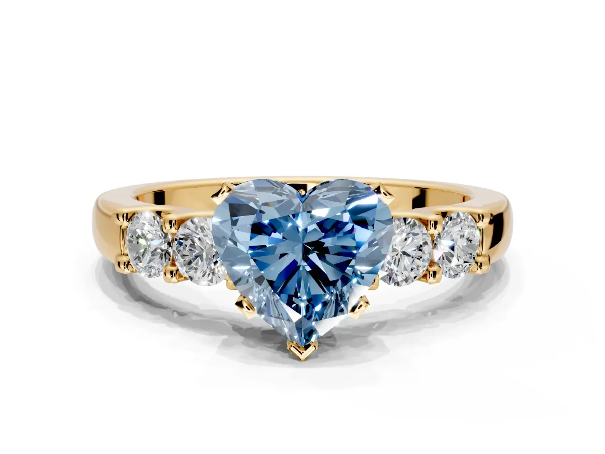 5 Stone Engagement Ring Setting for Fancy Blue Heart-Shaped Center with Plain Band and Prong Head in Yellow Gold