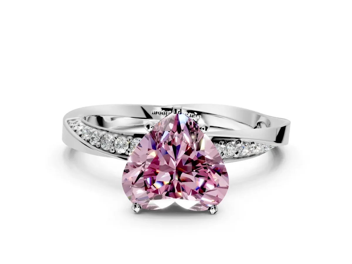 Side Accent Engagement Ring Setting for Fancy Pink Heart-Shaped Center with Accent Shoulders and Prong Head in Platinum