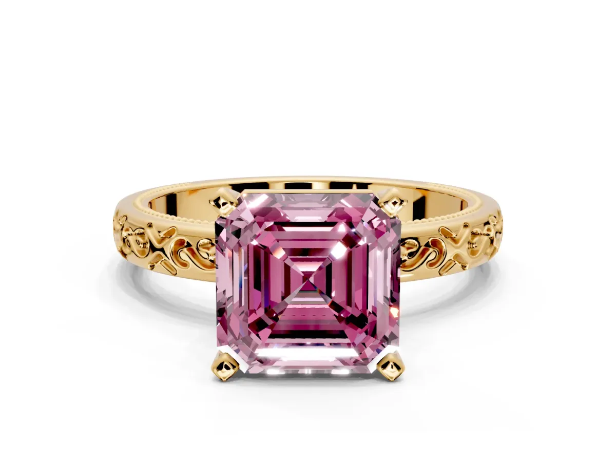 Solitaire Engagement Ring Setting for Fancy Pink Asscher Cut Center with Scrollwork Band and Prong Head in Yellow Gold
