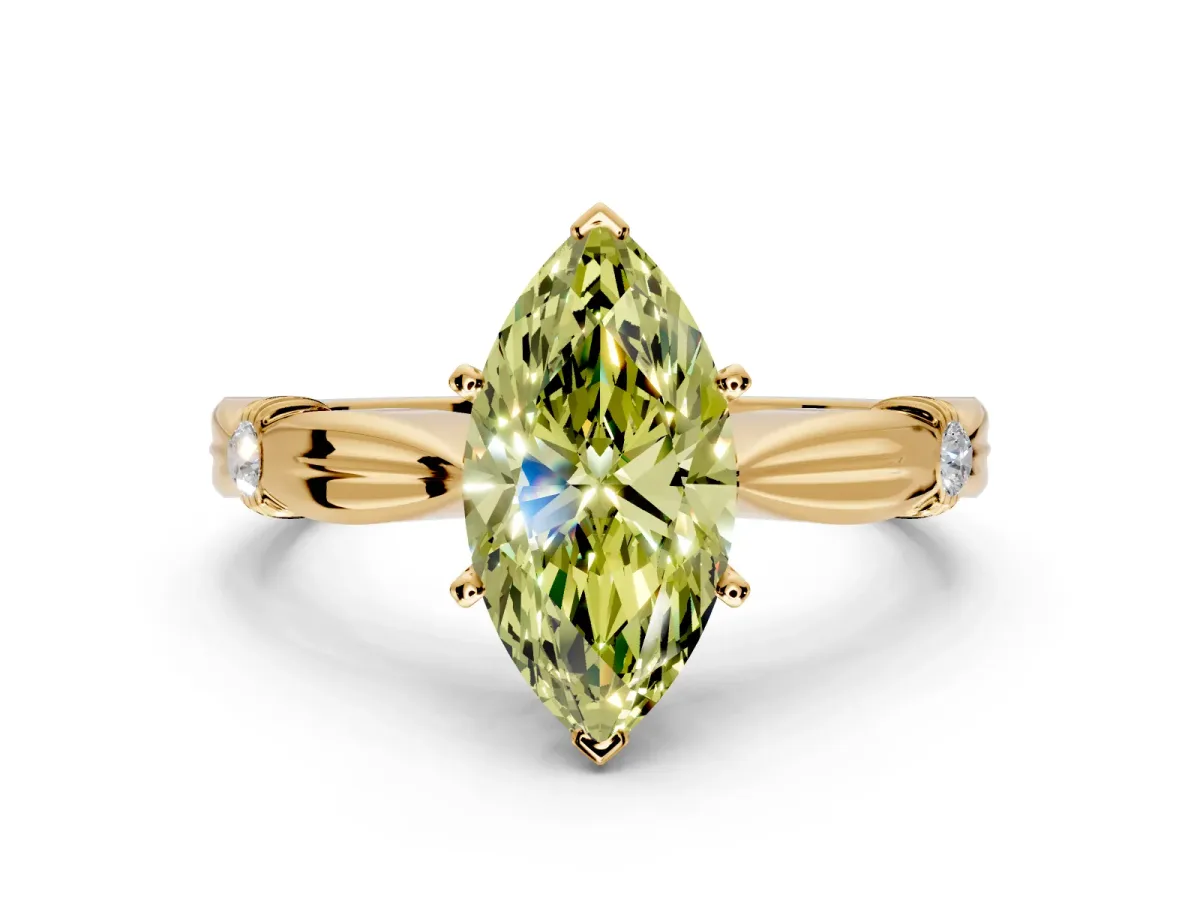 Solitaire Engagement Ring Setting for Fancy Yellow Marquise Center with Carved Leaf Shoulders and Prong Head in Yellow Gold