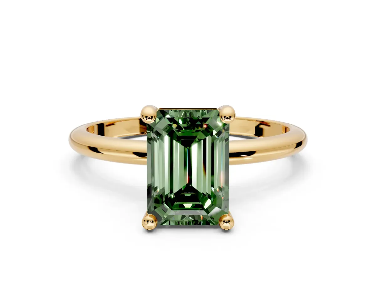 Minimalist Solitaire Engagement Ring Setting for Fancy Green Emerald Cut Center with Thin Band and Prong Head in Yellow Gold