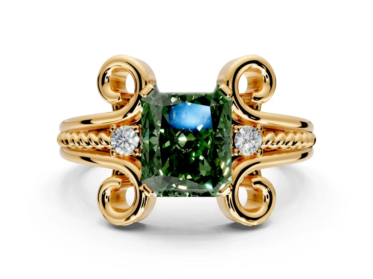 Solitaire Engagement Ring Setting for Fancy Green Radiant Cut Center with Twisted Band and Scroll Prong Head in Yellow Gold
