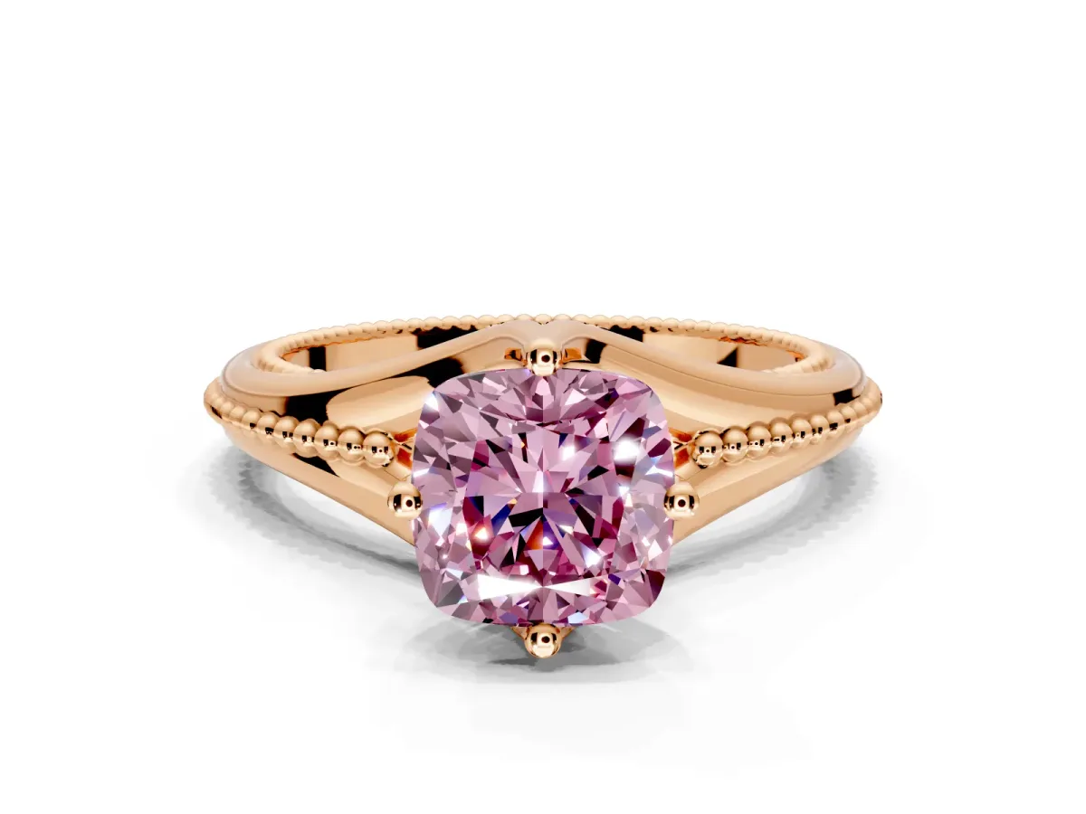 Solitaire Engagement Ring Setting for Fancy Pink Cushion Cut Center with Milgrain Cathedral Band and Prong Head in Rose Gold
