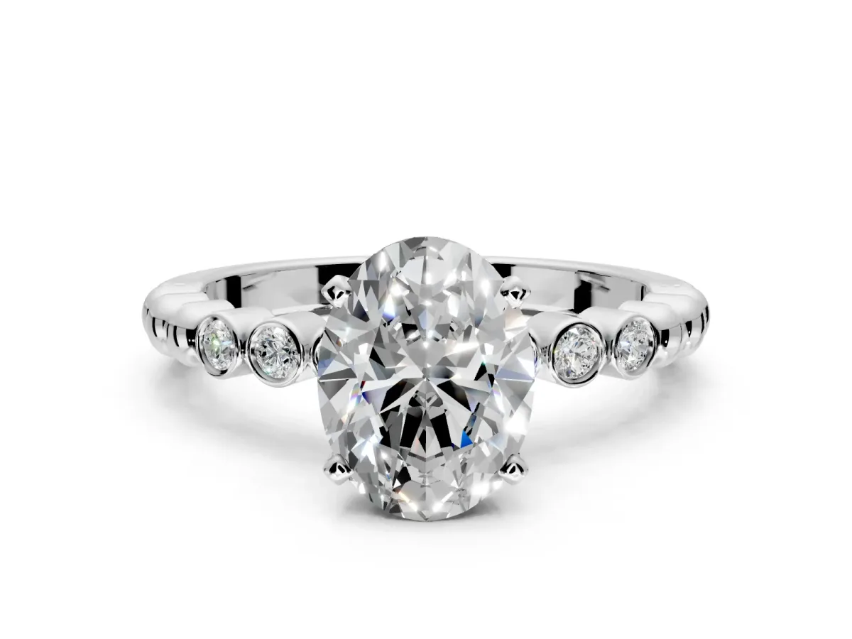Solitaire Engagement Ring Setting for Oval Center with Bezel-Dot Beaded Band and Prong Head in Sterling Silver