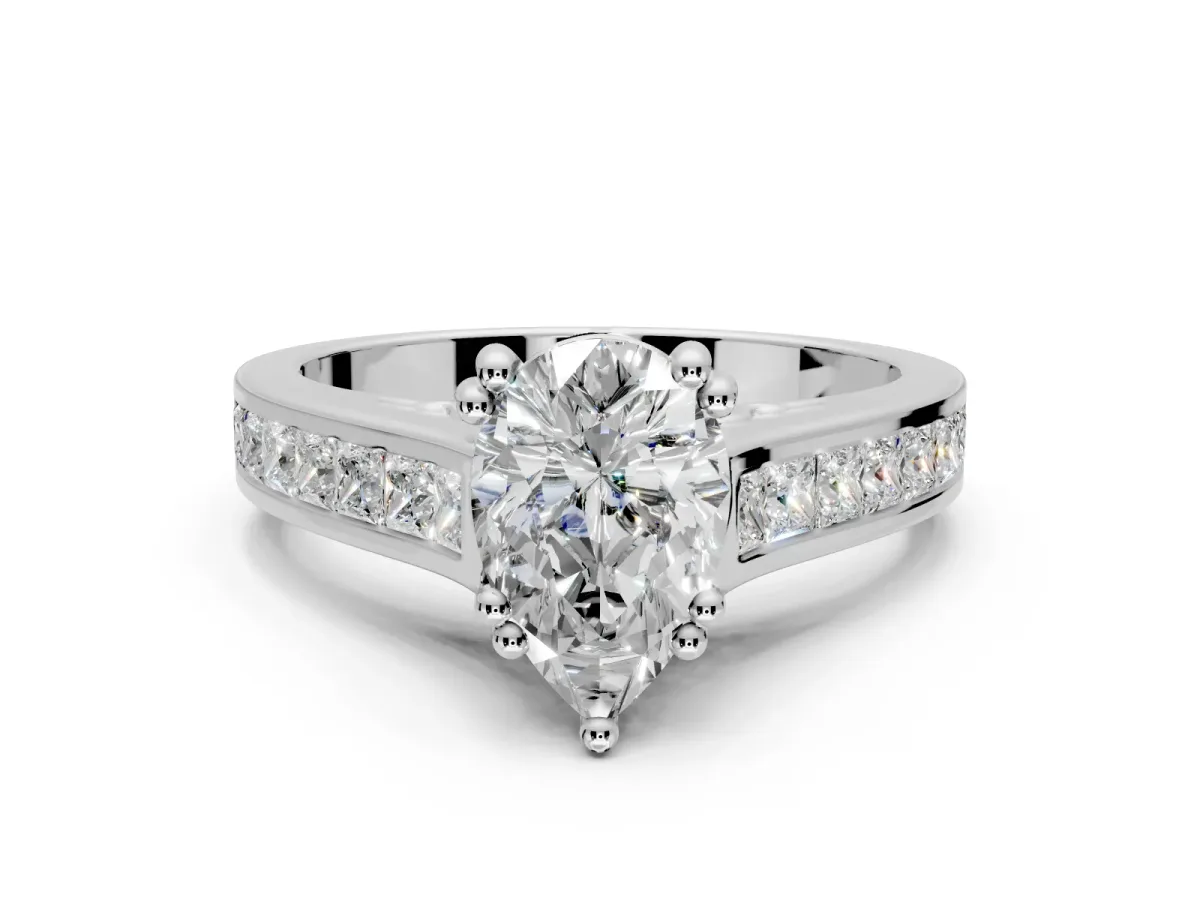 Solitaire Engagement Ring Setting for Pear-Shaped Center with Channel Band and Double Claw Prong Head in Sterling Silver