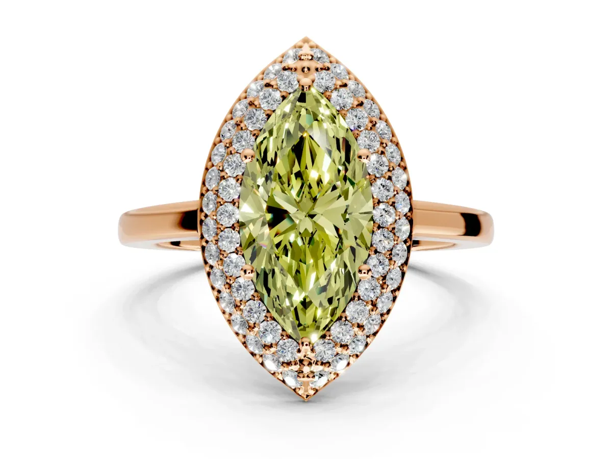 Halo Engagement Ring Setting for Fancy Yellow Marquise Center with Plain Tapered Band and Prong Head in Rose Gold