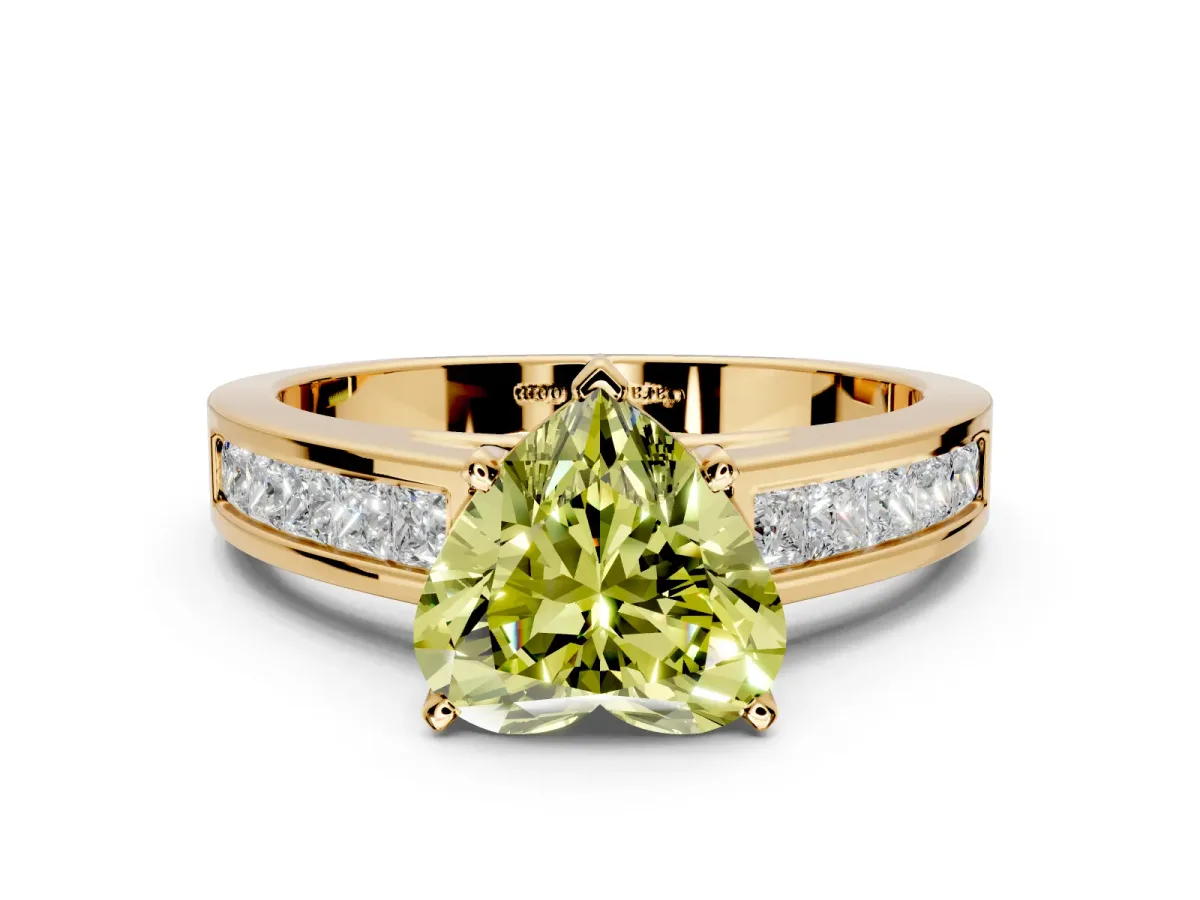 Solitaire Engagement Ring Setting for Fancy Yellow Heart-Shaped Center with Princess Cut Channel Band and Prong Head in Yellow Gold