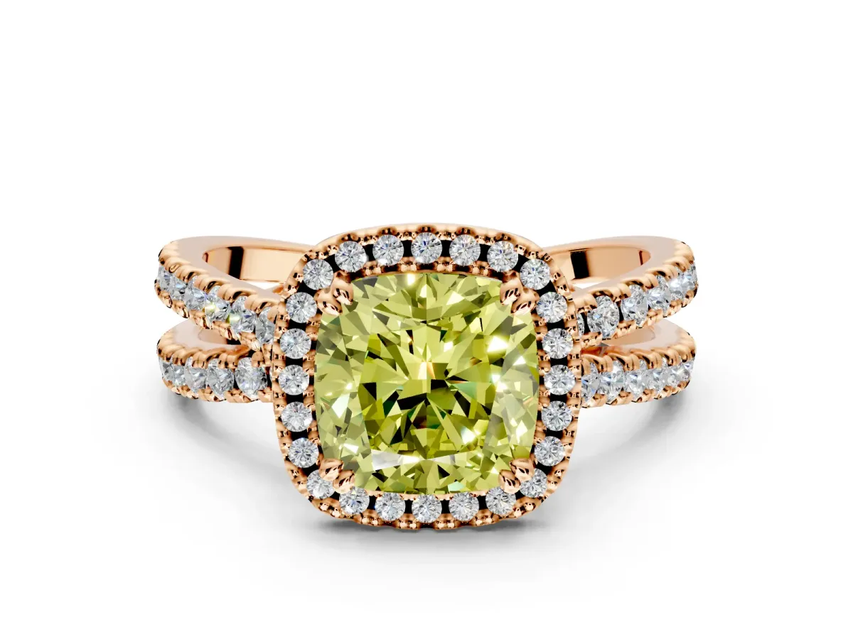 Halo Engagement Ring Setting for Fancy Yellow Cushion Cut Center with Double Pave Split Shank and Prong Head in Rose Gold