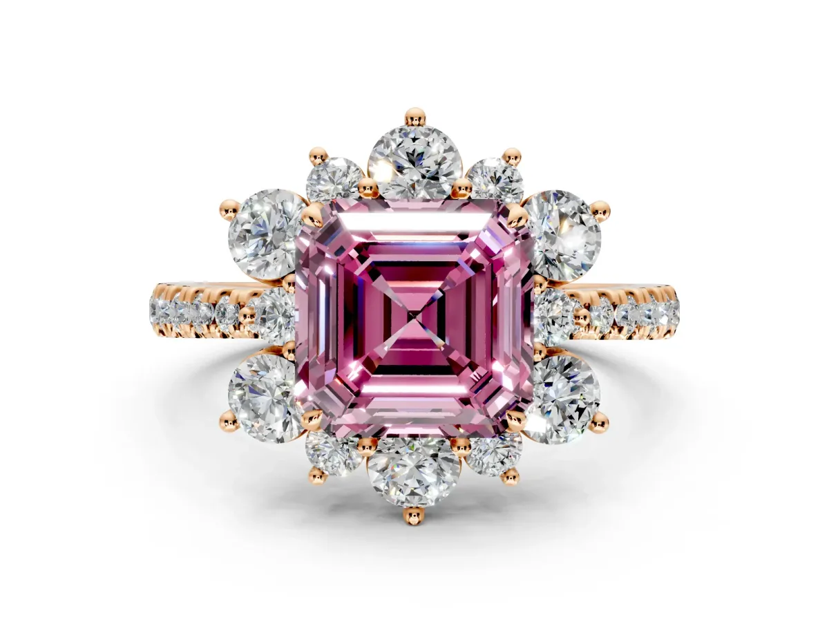 Floral Halo Engagement Ring Setting for Fancy Pink Asscher Cut Center with Pave Accents and Prong Head in Rose Gold