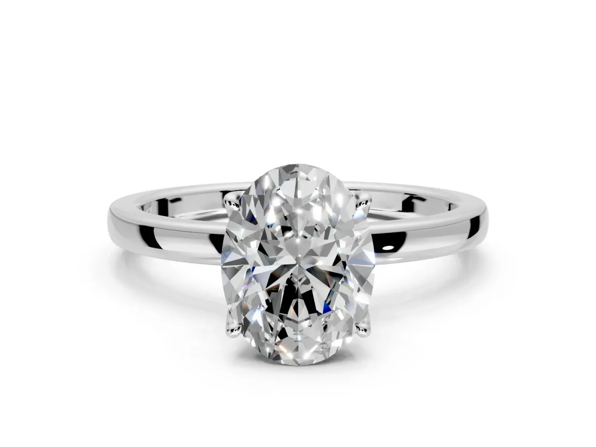 Solitaire Engagement Ring Setting for Oval Center with Thin Rounded Plain Band and Prong Head in Platinum