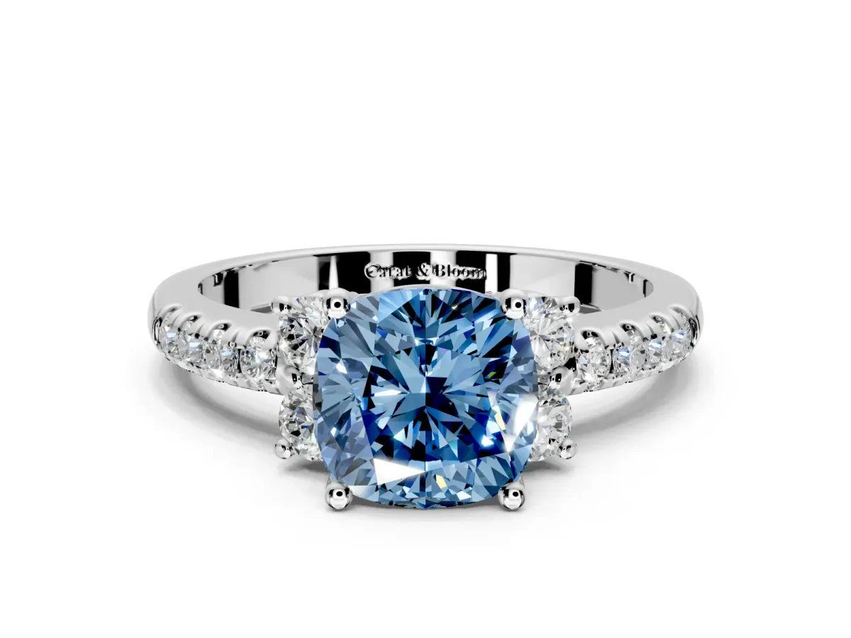 Paired Accent Engagement Ring Setting for Fancy Blue Cushion Cut Center with Pave Band and Prong Head in Platinum