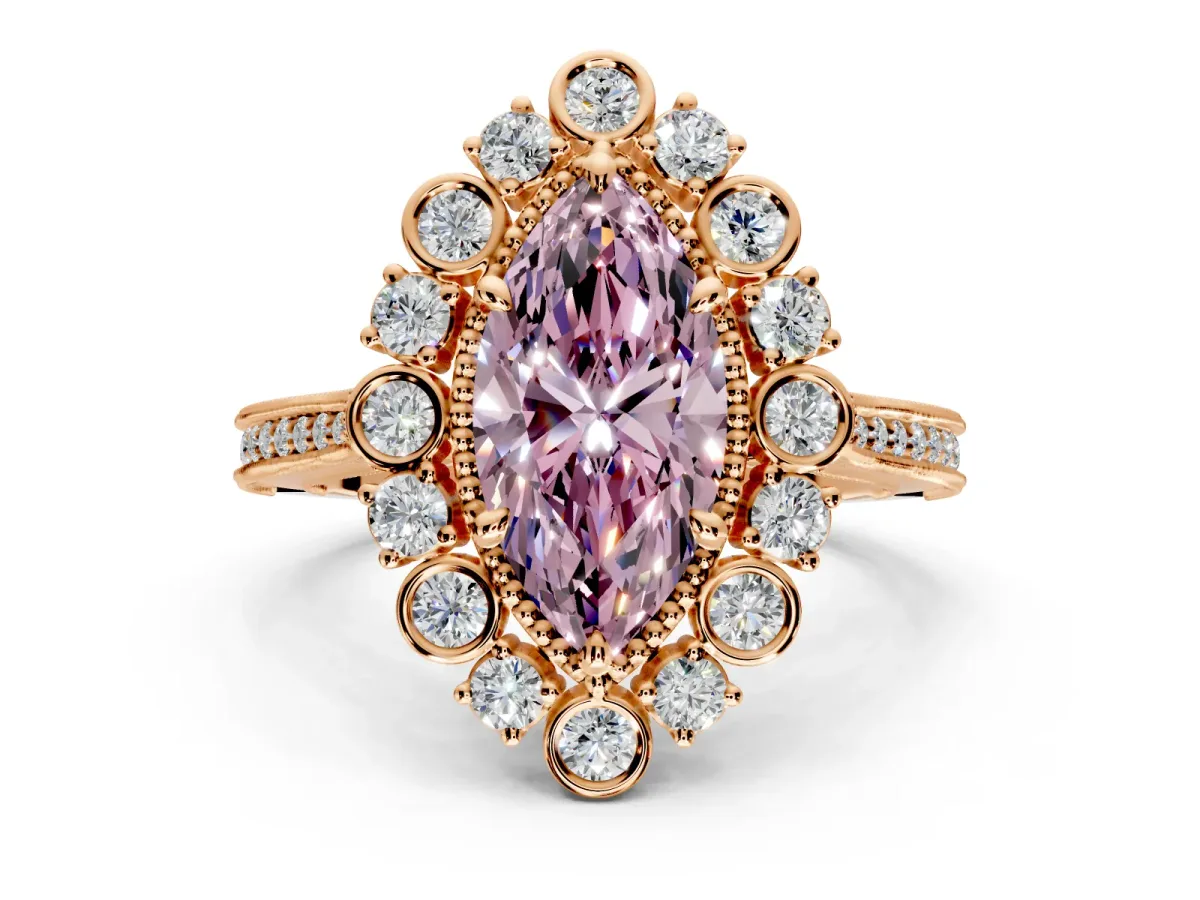 Milgrain Halo Engagement Ring Setting for Fancy Pink Marquise Center with Bezel Point Accents and Prong Head in Rose Gold