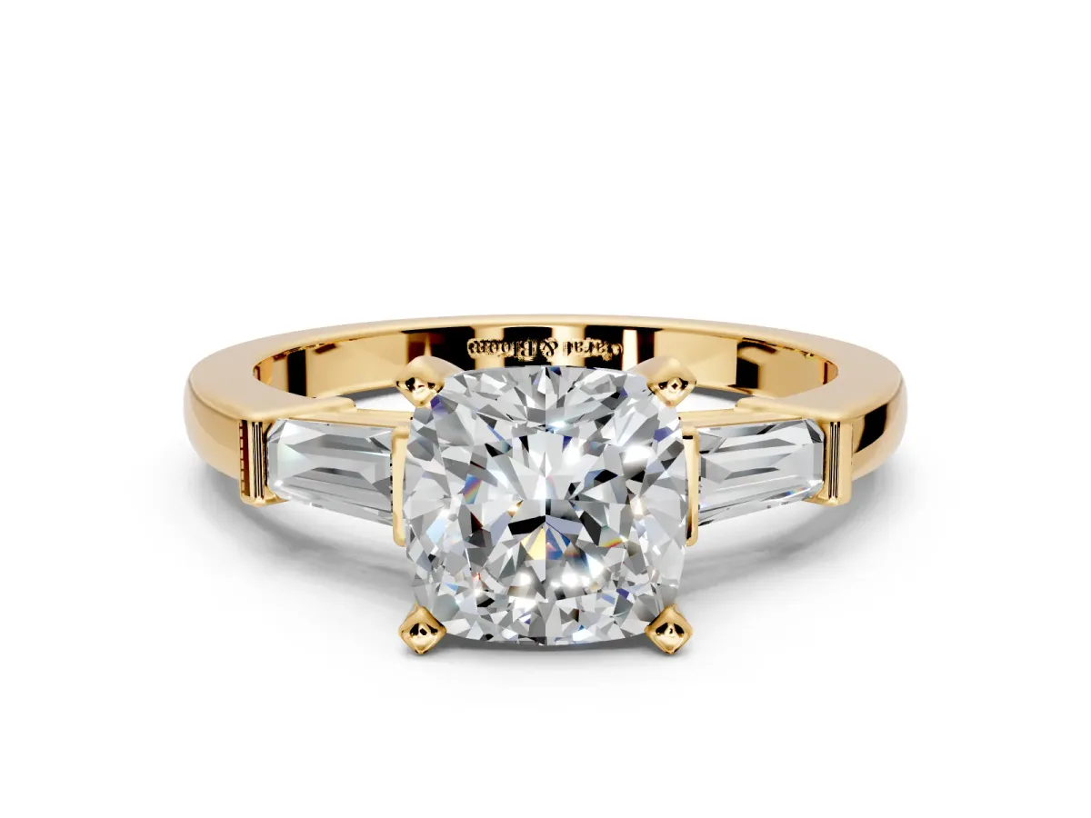 3 Stone Engagement Ring Setting for Cushion Cut Center with Channel Baguette Accents and Prong Head in Yellow Gold