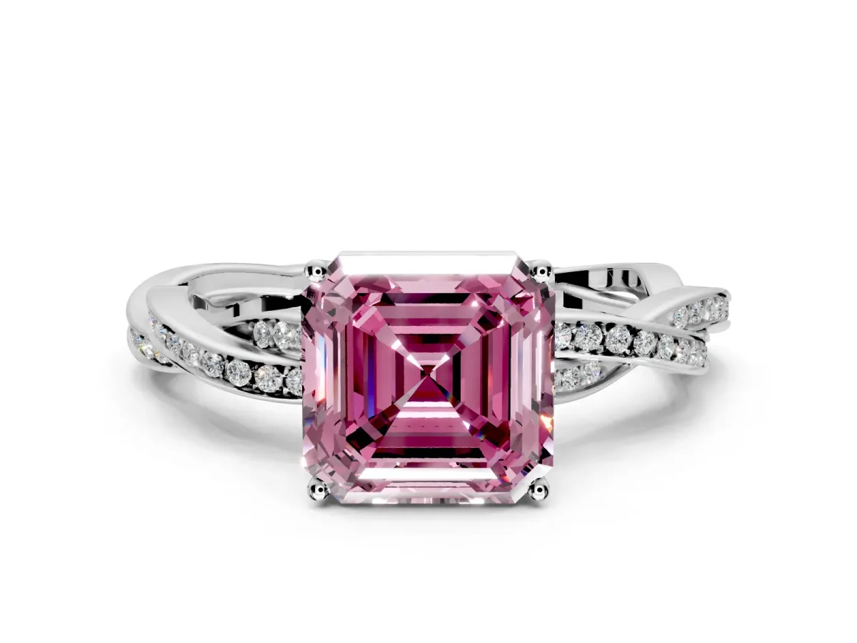 Solitaire Engagement Ring Setting for Fancy Pink Asscher Cut Center with Twisted Pave Band and Prong Head in Sterling Silver