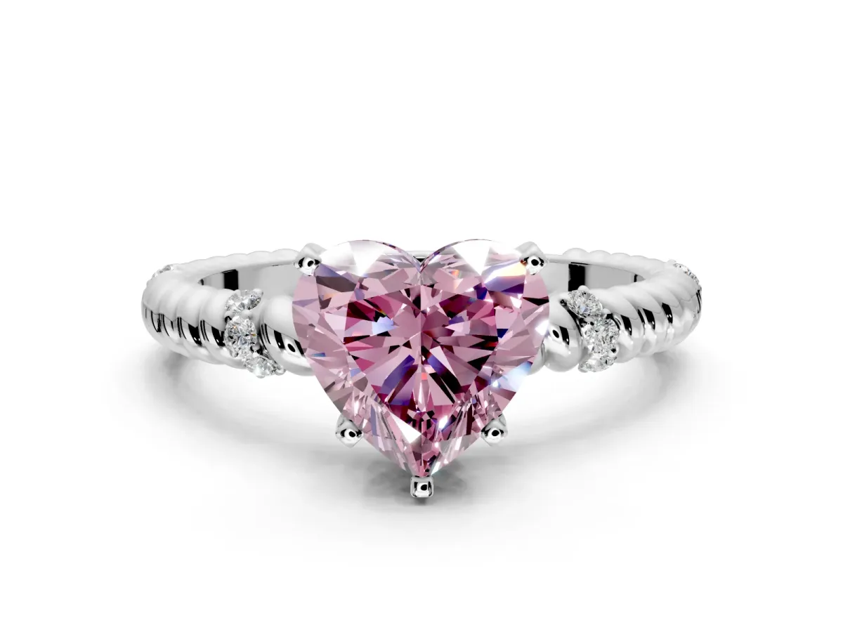 Rope Engagement Ring Setting for Fancy Pink Heart-Shaped Center with Accent Shoulders and Prong Head in Sterling Silver