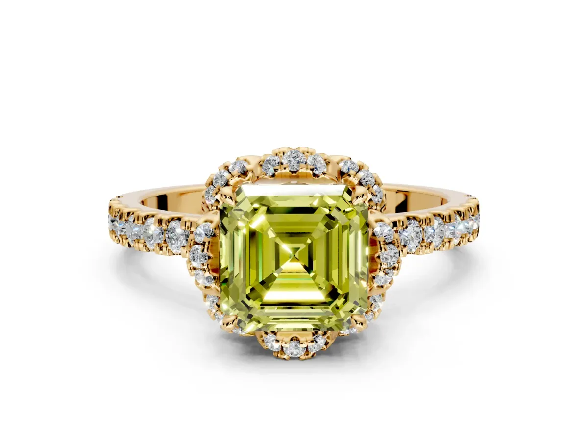 Halo Engagement Ring Setting for Fancy Yellow Asscher Cut Center with Openwork Halo, Pave Band and Prong Head in Yellow Gold