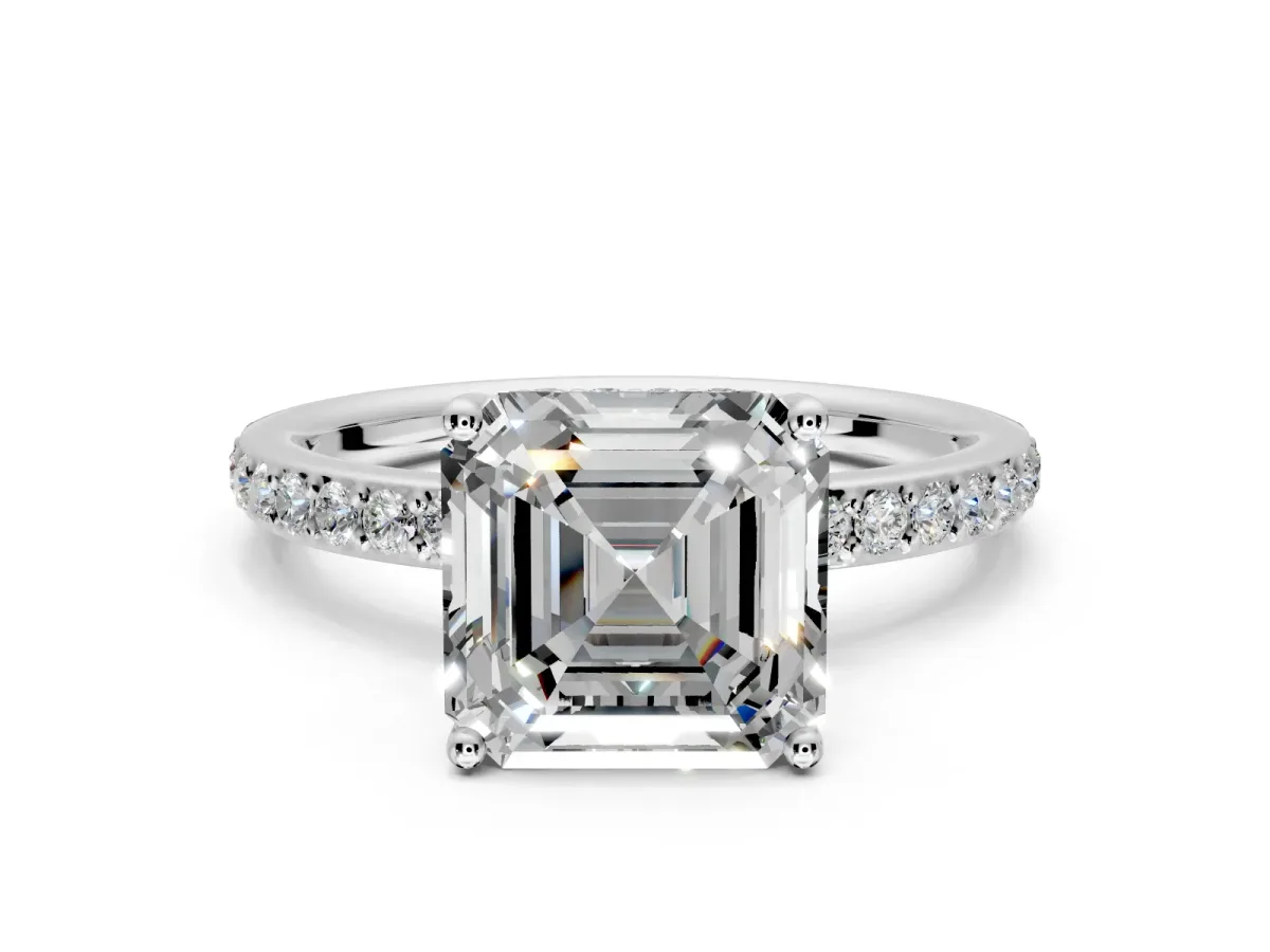 Solitaire Engagement Ring Setting for Asscher Cut Center with Fine Pave Band and Prong Head in Platinum