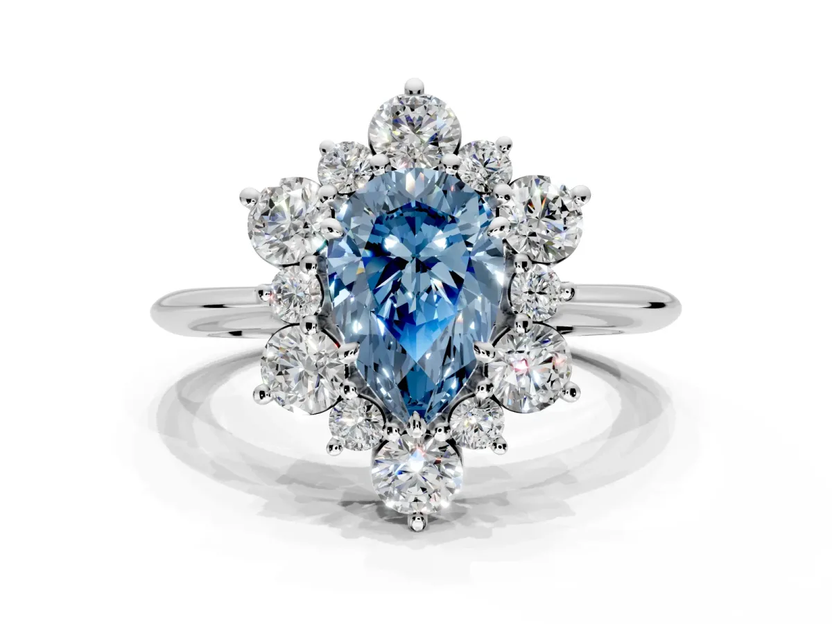 Small-Accent Cluster Halo Engagement Ring Setting for Fancy Blue Pear-Shaped Center with Plain Band and Prong Head in Sterling Silver