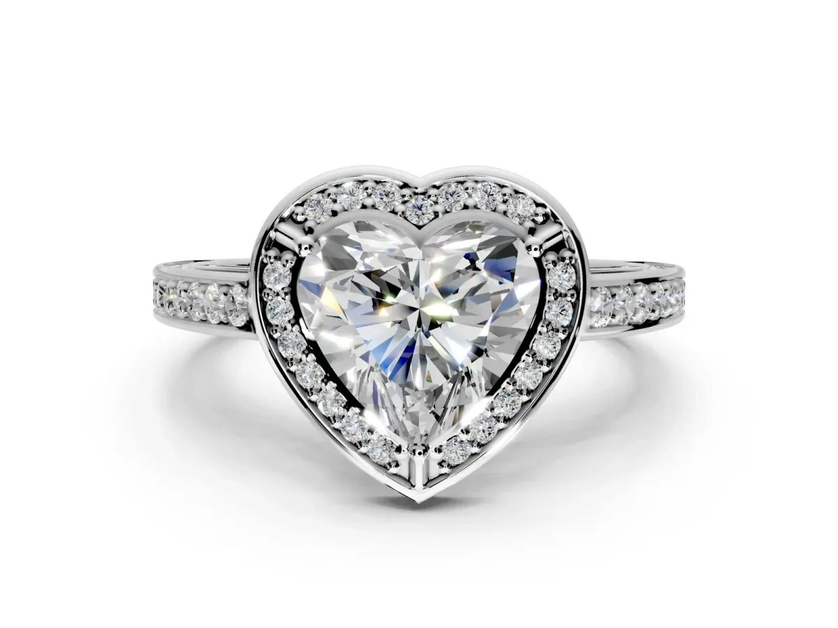 Halo Engagement Ring Setting for Heart-Shaped Center with Framed Halo, Pave Band and Prong Head in Sterling Silver