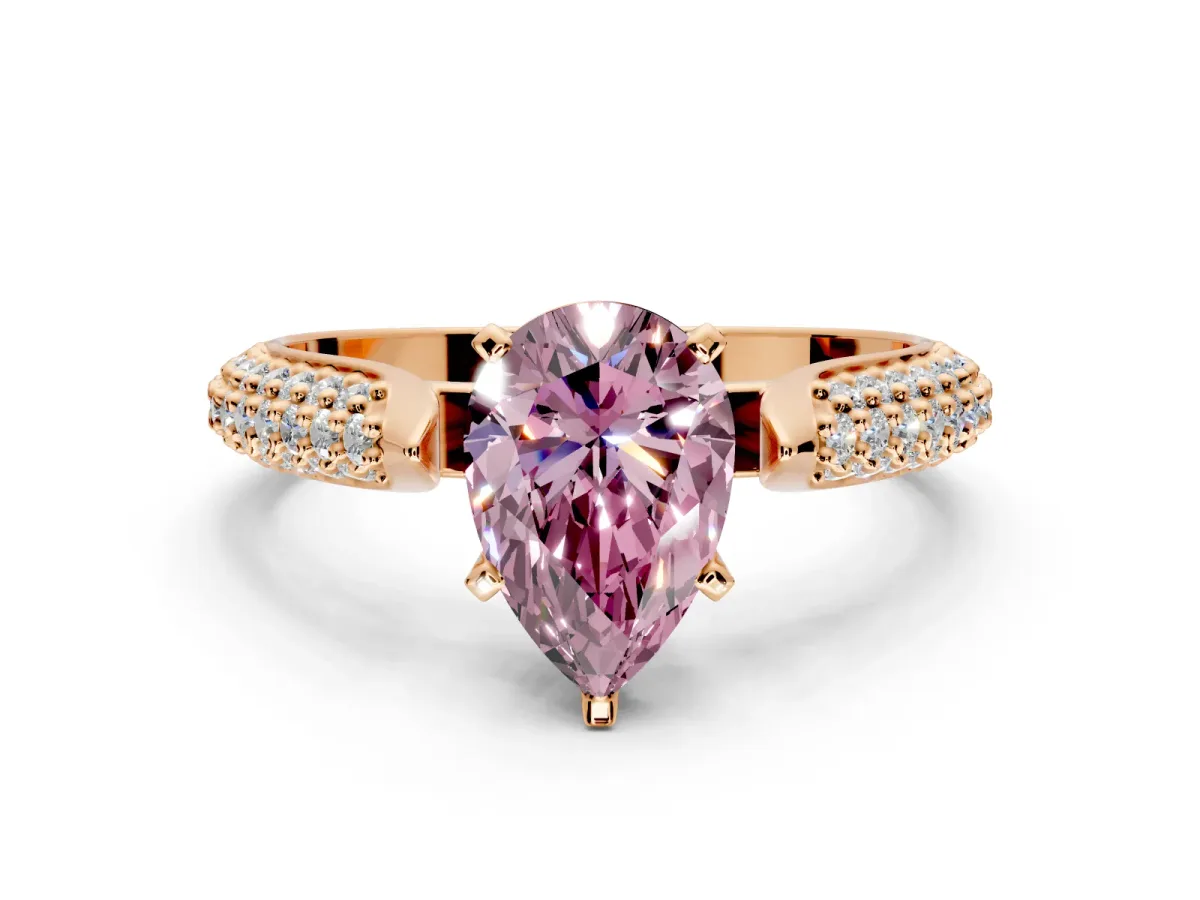 Solitaire Engagement Ring Setting for Fancy Pink Pear-Shaped Center with Multi-Row Accents and Prong Head in Rose Gold