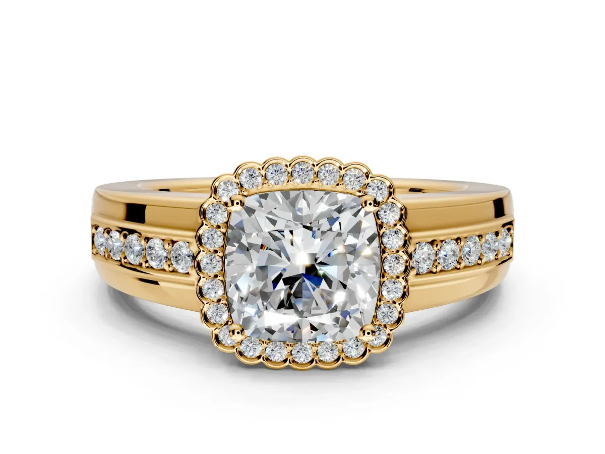 Halo Engagement Ring Setting for Cushion Cut Center with Wide Band, Inlaid Accent Row and Prong Head in Yellow Gold