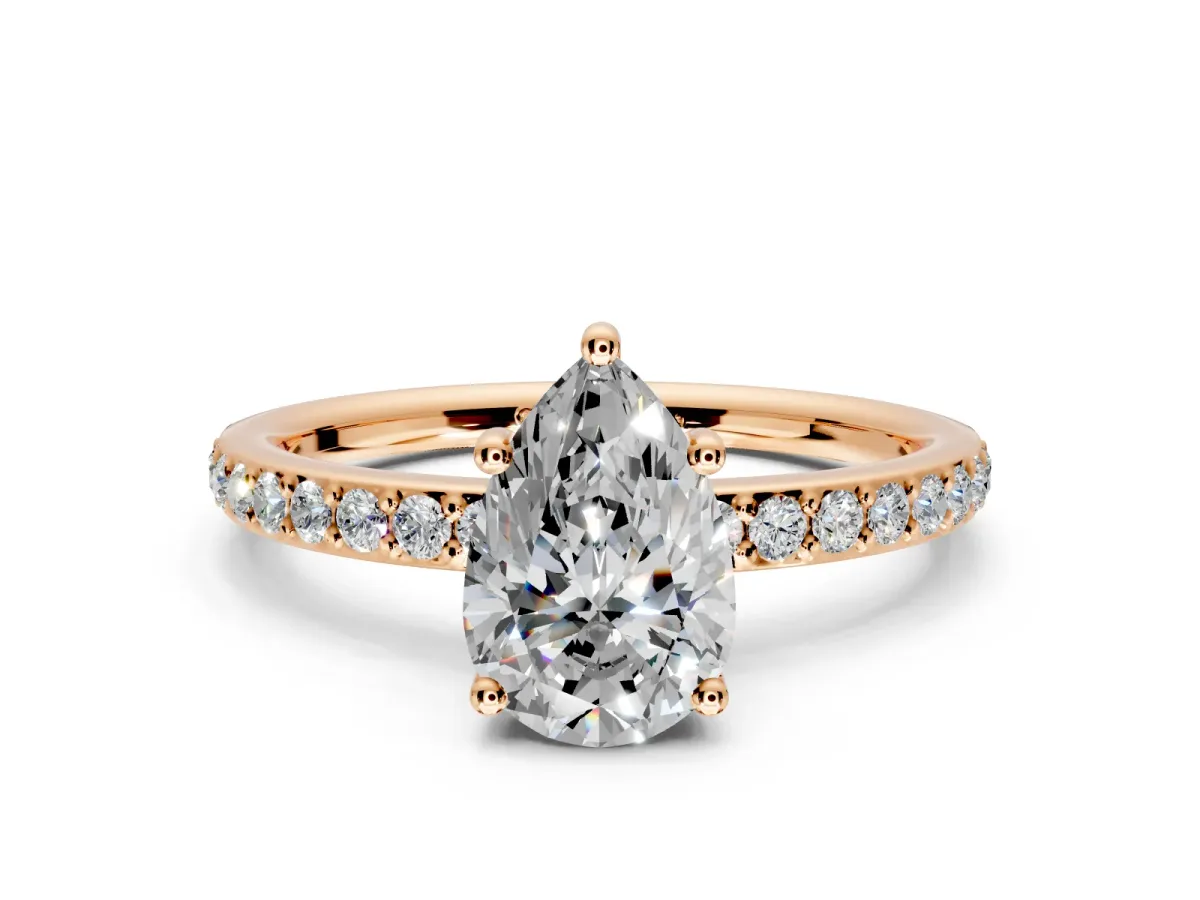 Solitaire Engagement Ring Setting for Pear-Shaped Center with Fine Pave Band and Prong Head in Rose Gold