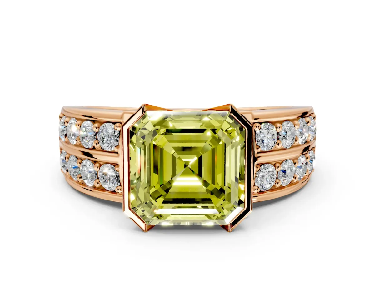 Bezel Engagement Ring Setting for Fancy Yellow Asscher Cut Center with Wide Channel-Set Band and Bezel Head in Rose Gold